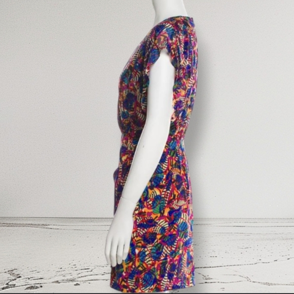 SALONI Silk Mini Dress XS - Gold Multicolor Floral Banana Leaf Wrap V-neck - Picture 5 of 16
